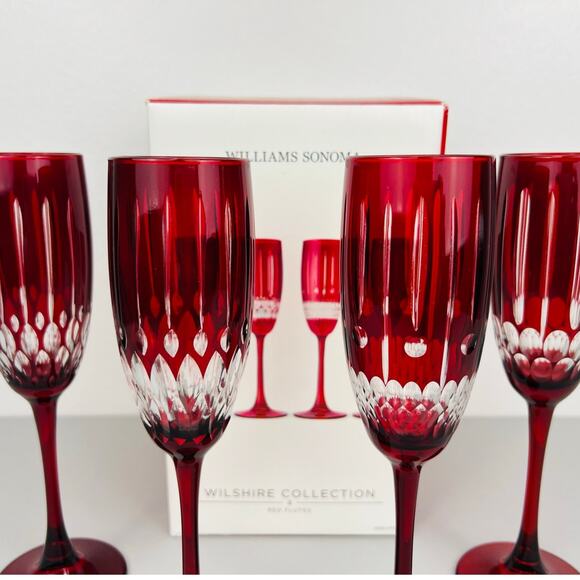 Williams Sonoma Jewel Cut Wilshire Collection Set of 4 Red Champagne Flutes NEW - Picture 7 of 10